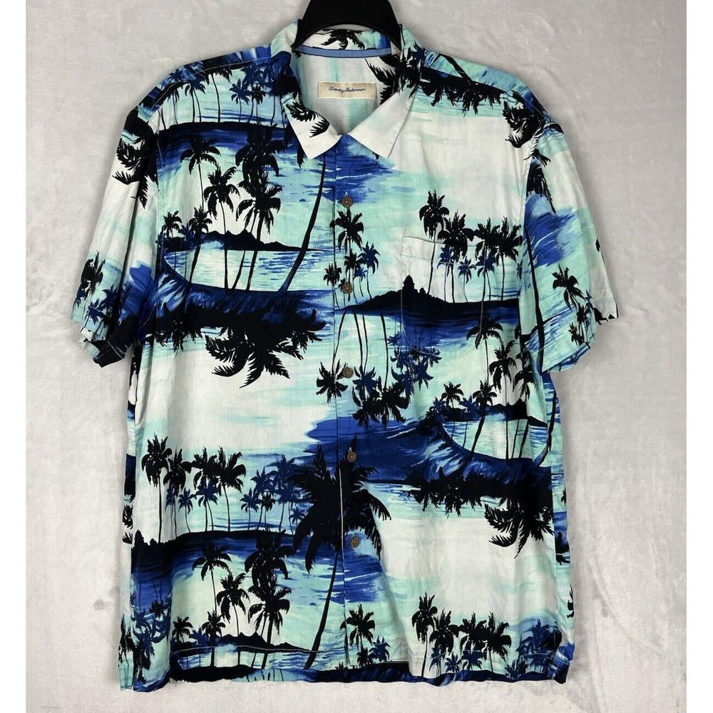 Tommy Bahama Silk Shirt Men 2XL Multicolor Hawaiian Wooden Button All Over Print